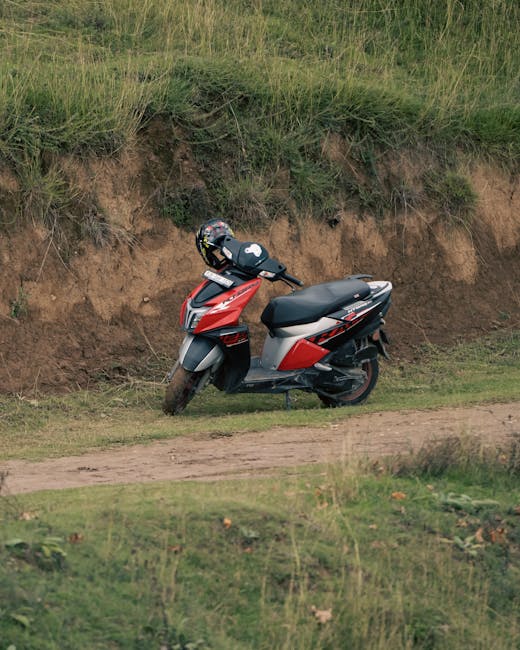 A red and black scooter leaning against a grassy embankment on a dirt path, with visible patches of wet soil and loose dirt around the tires. The surrounding area features a mixture of green grass, small plants, and a hedge at the top of the embankment, indicating an outdoor setting. The scene suggests a quiet, natural environment consistent with outdoor maintenance or casual landscape elements, with no visible tools or active gardening work. The lighting is natural, with a soft daylight illuminating the scene. This image is related to garden maintenance and outdoor landscaping, as might be seen in the context of local gardening services at Norbiton station verge, as described on gardenerskingstonuponthames.org.uk.